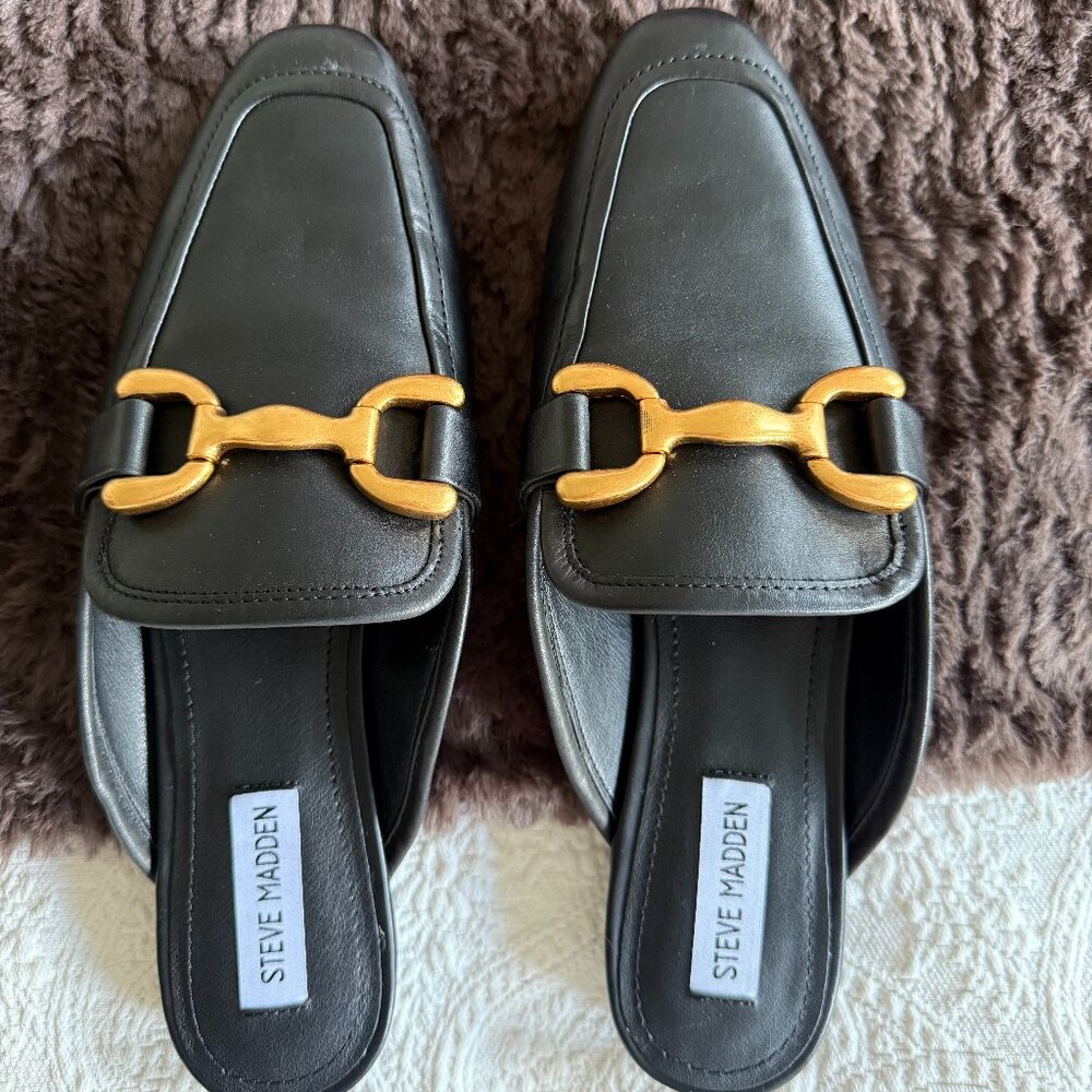Brand New: Steve Madden Women's Fortunate Black Leather Mules - 9.5